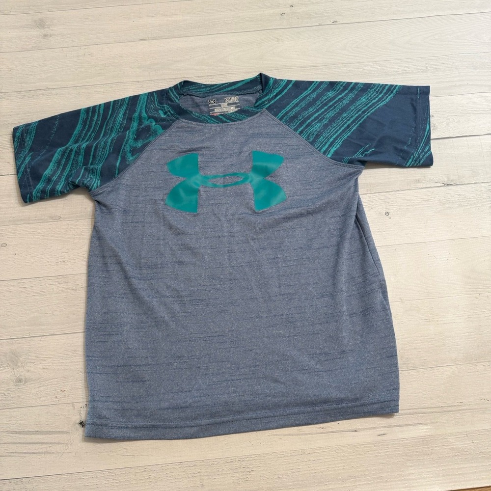 Under armour boys aqua blue grey short sleeve shirt youth small